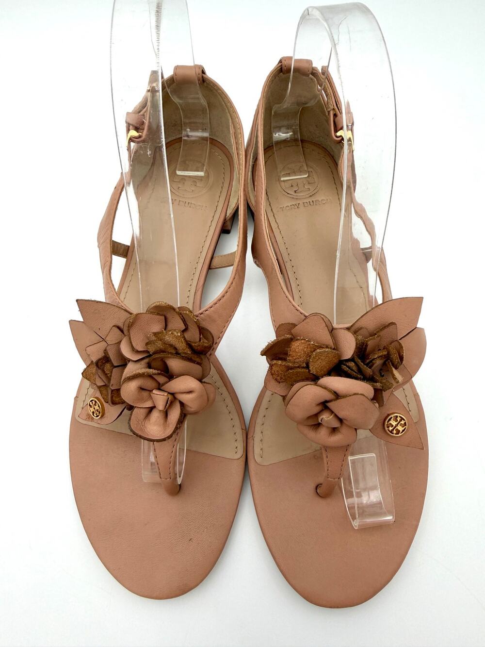 Tory Burch Blossom Thong Sandal Tan Nude Leather Size 7 Floral Flower